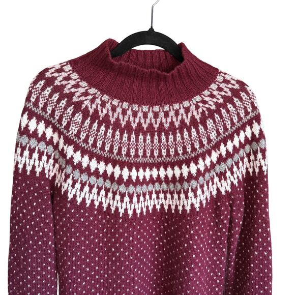 Eddie Bauer Fair Isle Women's Burgundy and White Wool Mohair Sweater Medium - Picture 2 of 6